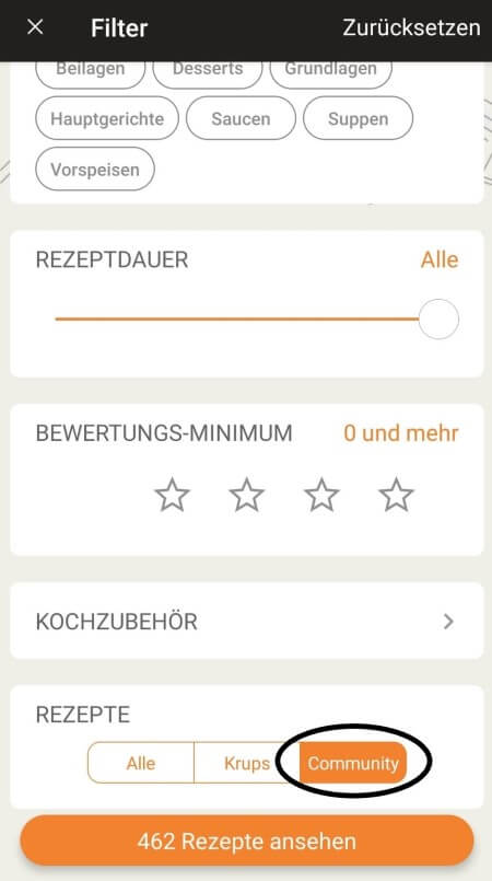 recipe filters page in the Prep&Cook app