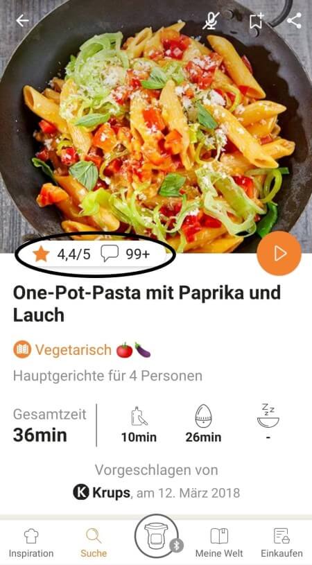 highlighting rating & comments feature from recipe page in the Prep&Cook app