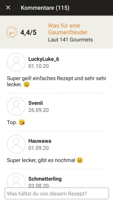 comments page in the Prep&Cook app