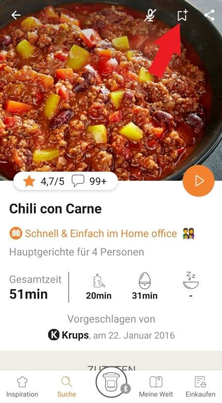 highlighting the bookmark function in the Prep&Cook app